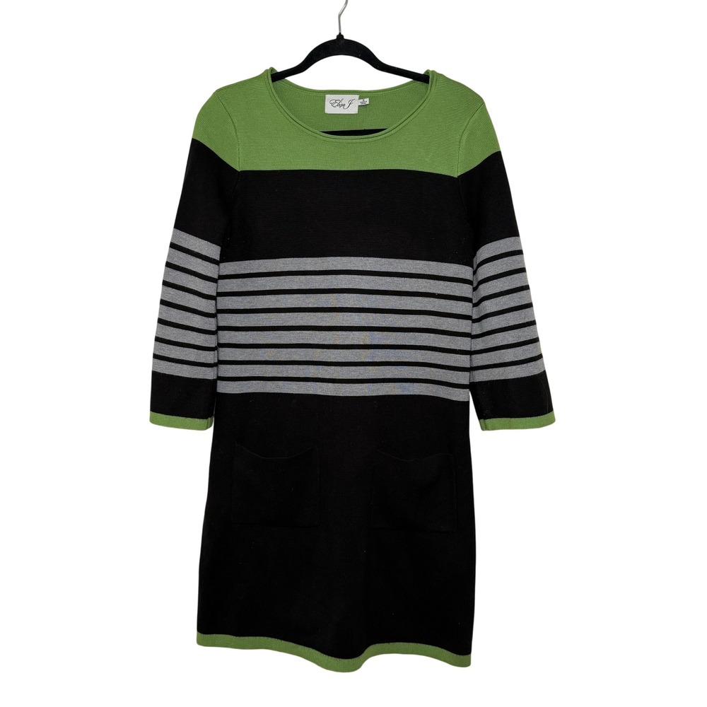 Eliza J Sweater Dress M Black Gray Green Stripe‎ 3/4 Sleeve Knit Pockets